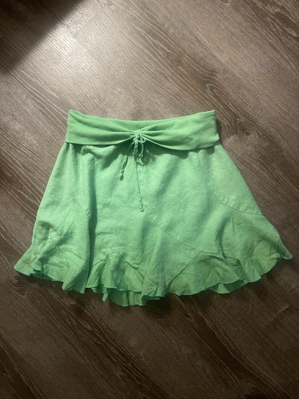 Vintage Y2K Bebe Green Linen Foldover Ruffle Trumpet Skirt Large 2000s